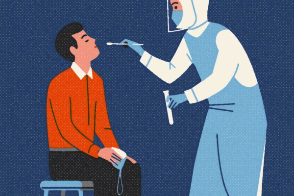 Illustrated image of man getting a swab test by a medical professional